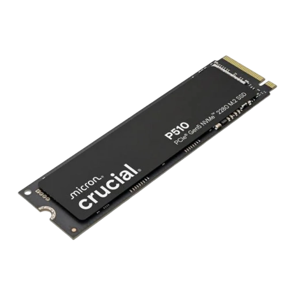 Crucial P510 1TB M.2 negro, vista frontal superior: etiqueta con logo Crucial P510 PCIe Gen5 NVMe 2280 y conector dorado - Ítem1
