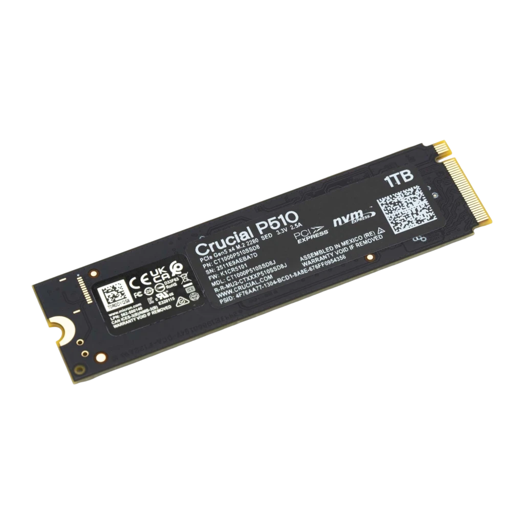 Crucial P510 1TB M.2 negro, vista frontal superior: etiqueta con logo Crucial P510 PCIe Gen5 NVMe 2280 y conector dorado - Ítem2