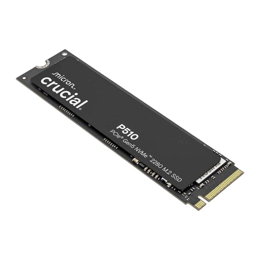 Crucial P510 1TB M.2 negro, vista frontal superior: etiqueta con logo Crucial P510 PCIe Gen5 NVMe 2280 y conector dorado - Ítem3