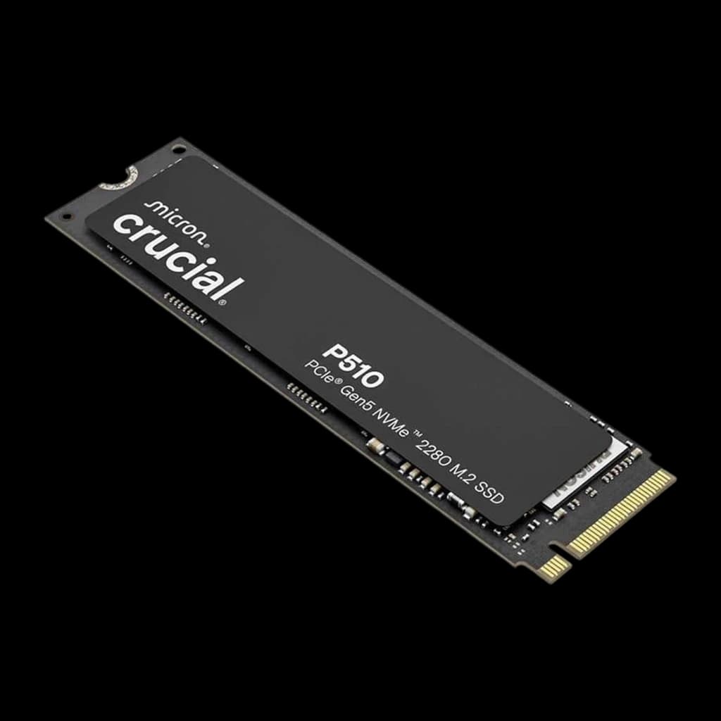 Crucial P510 1TB M.2 preto, vista em ângulo elevado: face frontal completa com logos Crucial e P510 PCIe Gen5 NVMe 2280