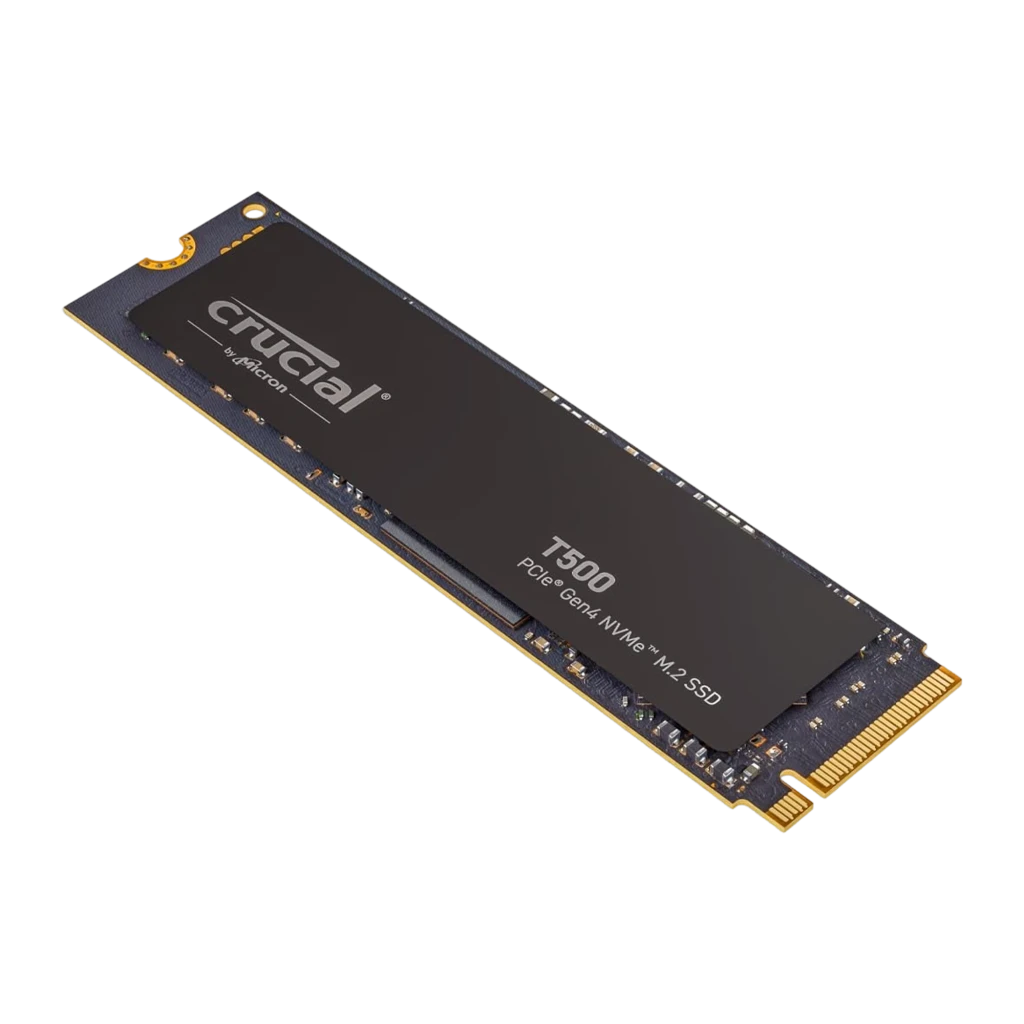 Crucial T500 2TB negro, vista frontal: etiqueta con logo Crucial T500 PCIe Gen4 NVMe M.2 y conector dorado - Ítem1