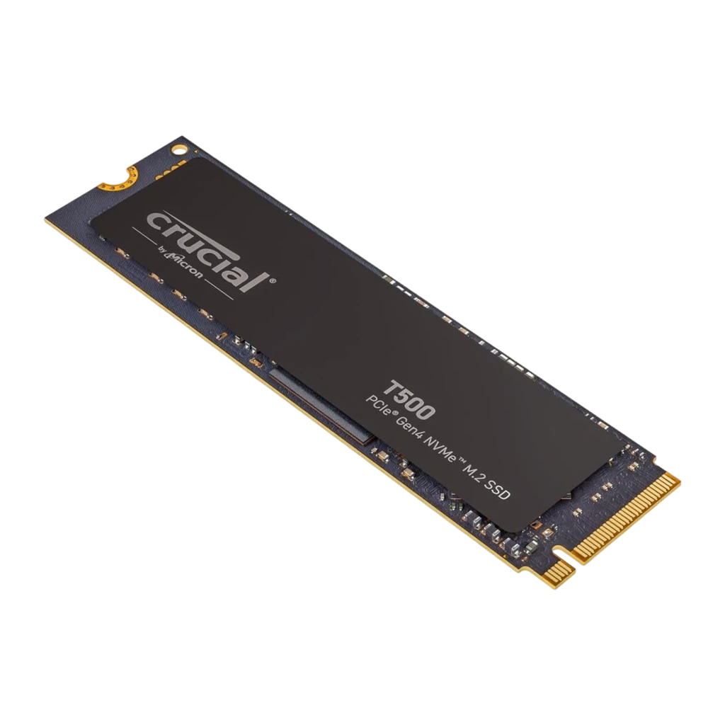 Crucial T500 4TB PCIe Gen4 NVMe M.2 SSD, vista frontal: etiqueta negra con logo Crucial y conector dorado M.2 - Ítem1