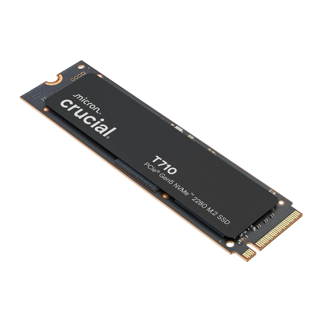 Crucial T710 2TB preto, vista frontal: face superior com etiqueta Crucial T710 PCIe Gen5 NVMe 2280 e conector dourado - Item1