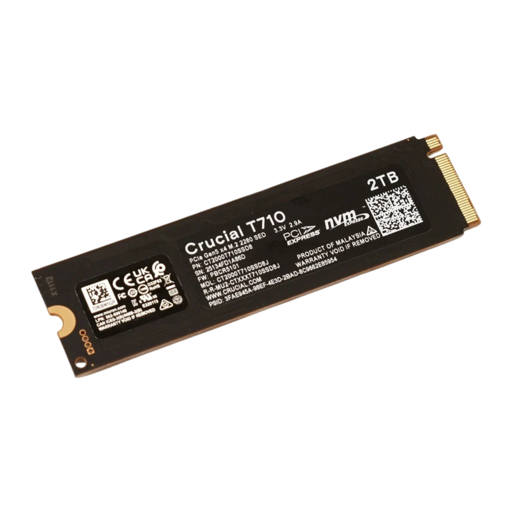 Crucial T710 2TB preto, vista frontal: face superior com etiqueta Crucial T710 PCIe Gen5 NVMe 2280 e conector dourado - Item3