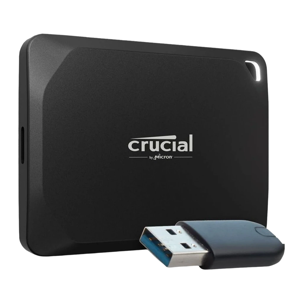 Crucial X10 Pro 1TB negro, vista frontal en ángulo: logo Crucial, superficie texturizada y LED en esquina superior - Ítem2