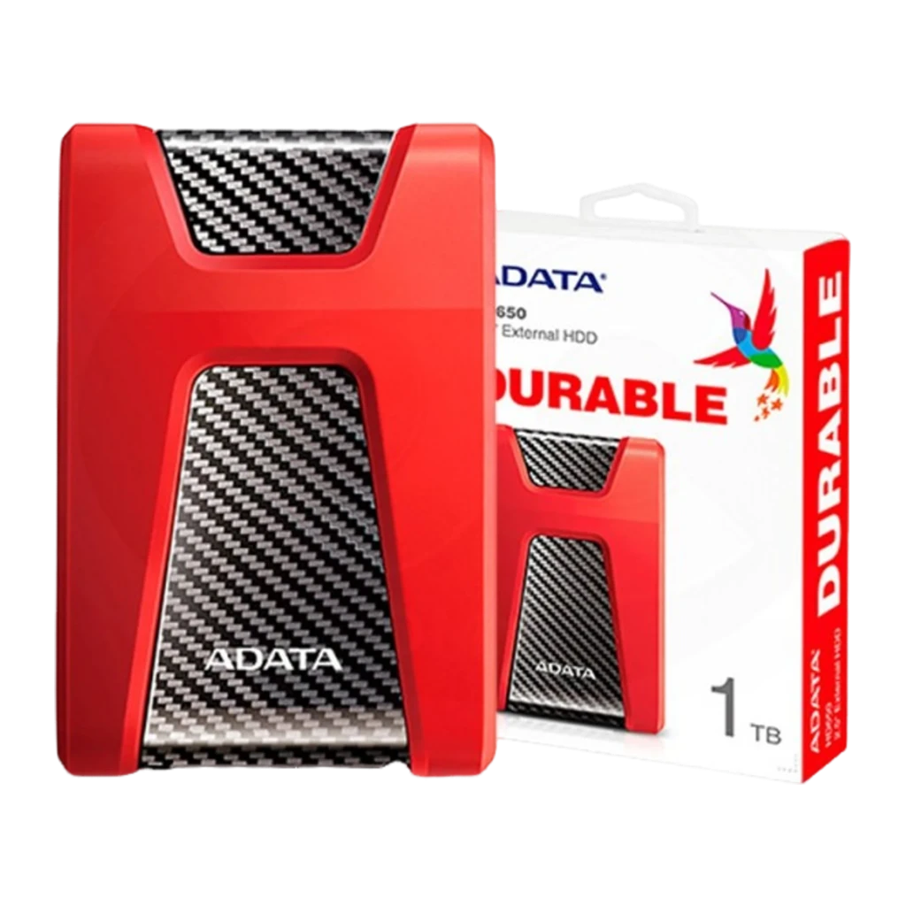 ADATA DashDrive Durable HD650 1TB vermelho, vista em ângulo: carcaça vermelha com painel central textura carbono e porta USB - Item1