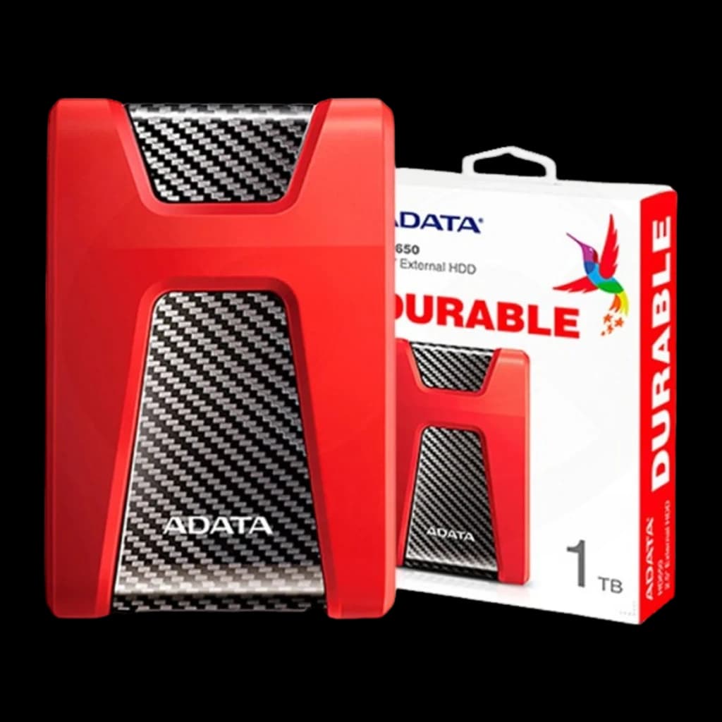 ADATA DashDrive Durable HD650 1TB rouge, kit: disque de face et boîte de vente avec logo Durable et colibri