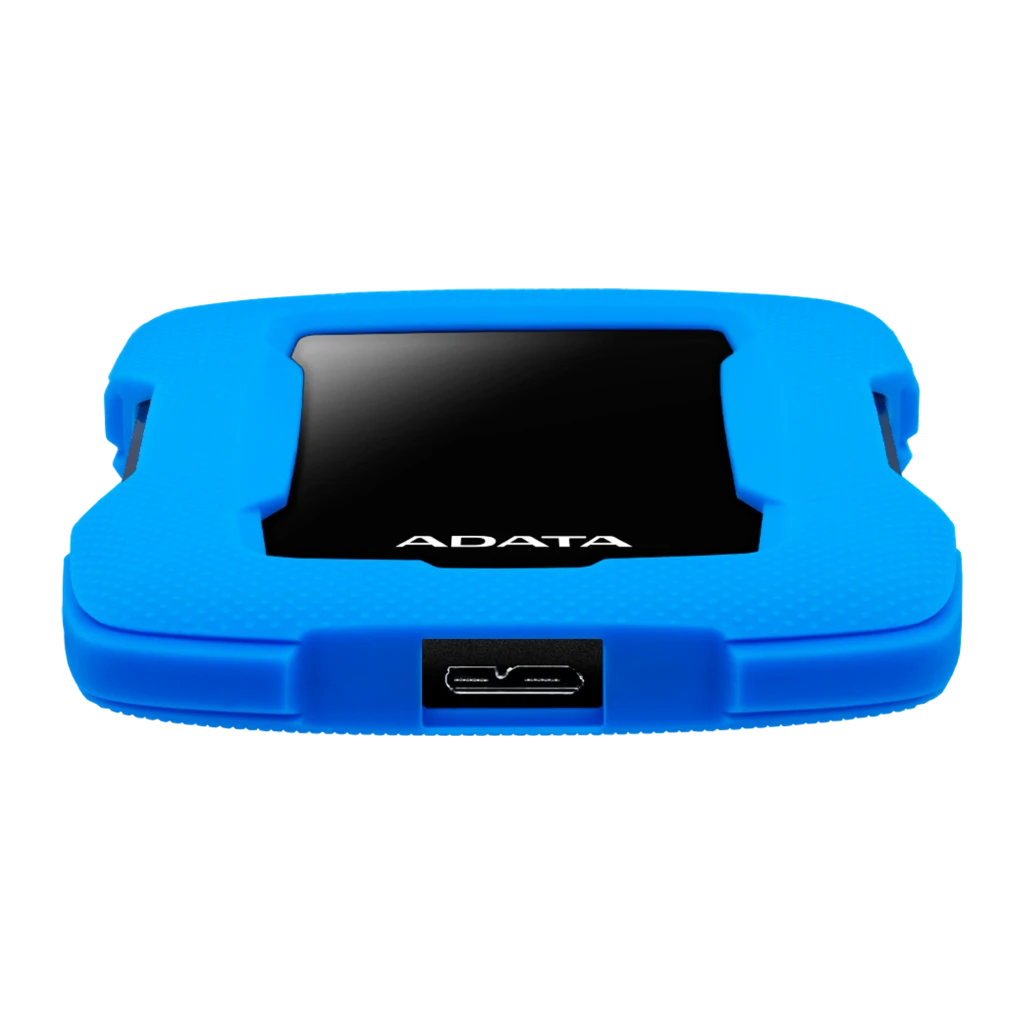 ADATA HD330 1TB azul, vista frontal em ângulo: carcaça protetora de borracha azul com painel central preto e logo ADATA - Item2