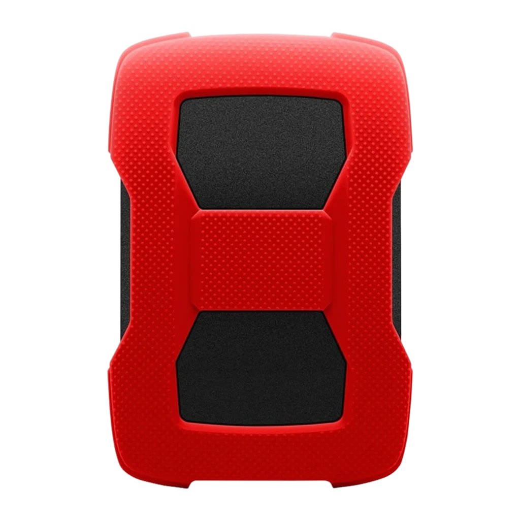 ADATA HD330 1TB vermelho, vista frontal em ângulo: carcaça de silicone vermelho texturizado, painel preto com logo ADATA e - Item1
