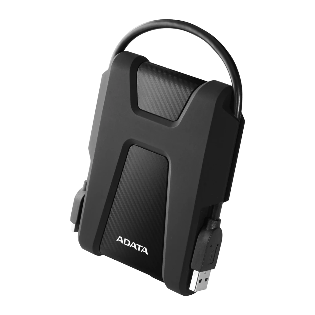 ADATA HD680 1TB preto, vista frontal: carcaça resistente com textura carbono, alça e logo ADATA - Item1