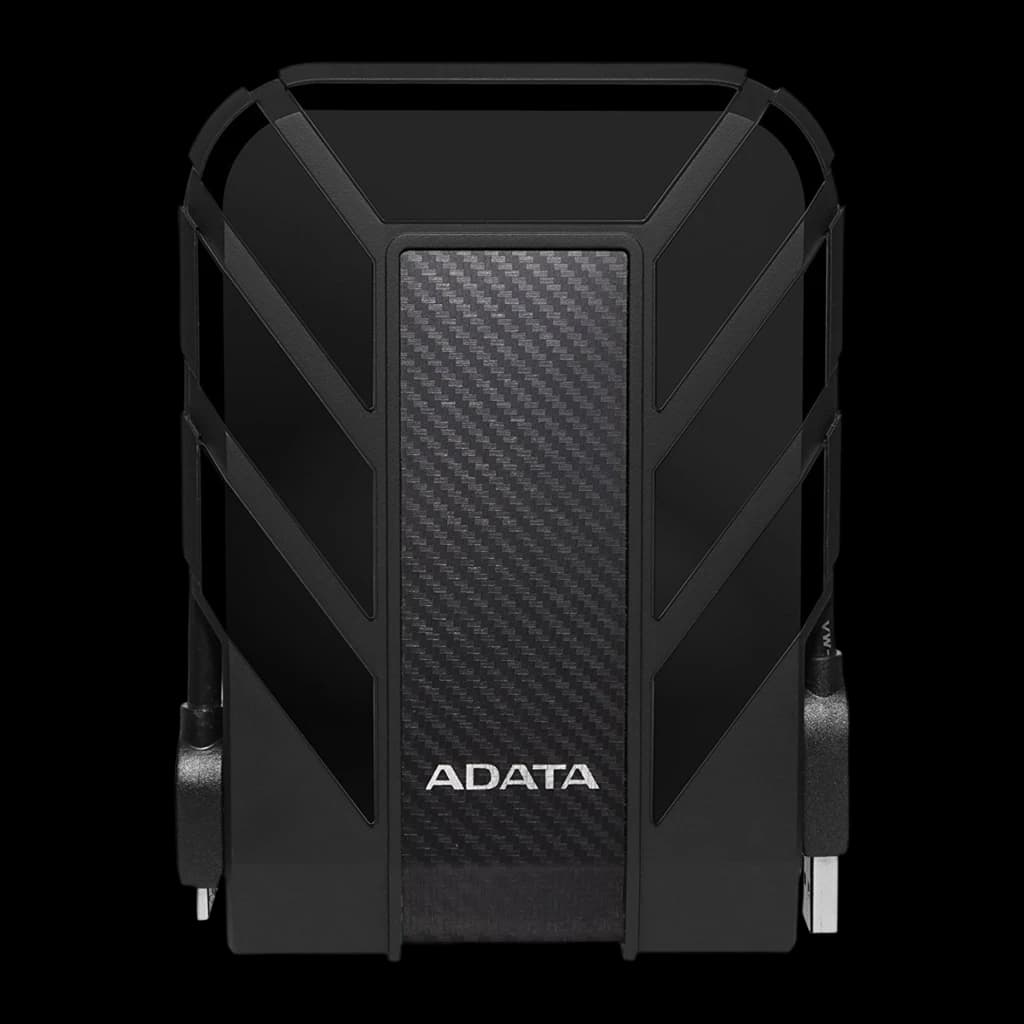 ADATA HD710 Pro 1TB preto, vista frontal: carcaça robusta com painel fibra de carbono, alça superior e logo ADATA