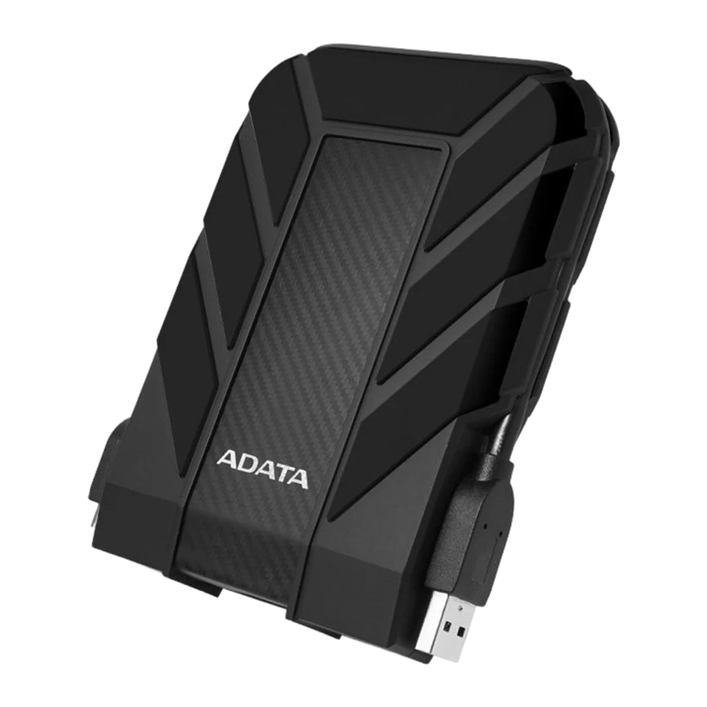 ADATA HD710 Pro 1TB preto, vista frontal: carcaça robusta com painel fibra de carbono, alça superior e logo ADATA - Item1