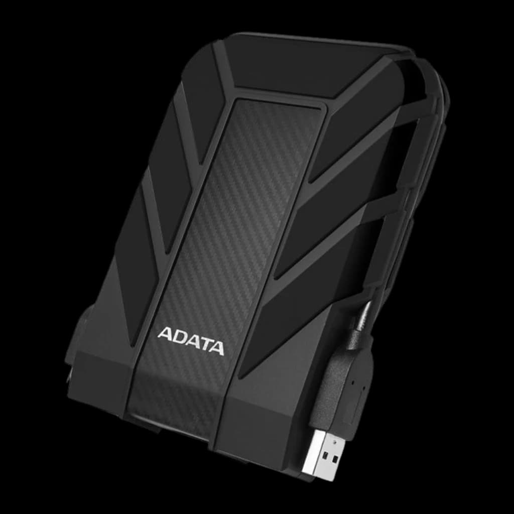 ADATA HD710 Pro 1TB preto, vista em ângulo: perfil lateral com cabo USB conectado e proteção de borracha visível