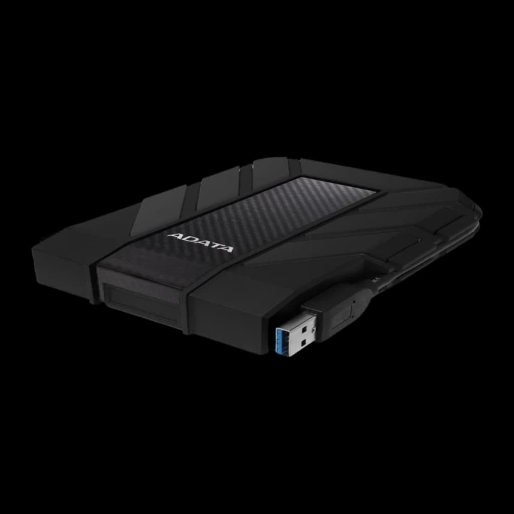 ADATA HD710 Pro 1TB preto, vista lateral baixa: disco deitado mostrando espessura, bordas de borracha e conector USB 3.0
