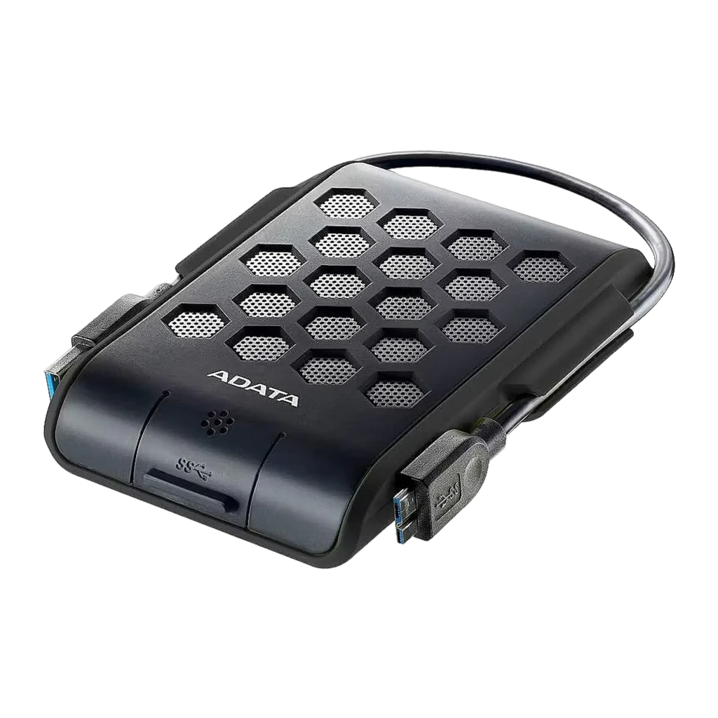 ADATA HD720 2TB noir, vue avant en angle: coque robuste avec grilles hexagonales et câble USB connecté - Ítem1