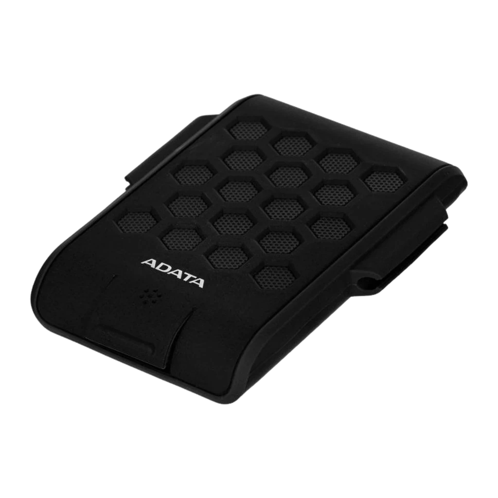 ADATA HD720 2TB noir, vue avant en angle: coque robuste avec grilles hexagonales et câble USB connecté - Ítem2