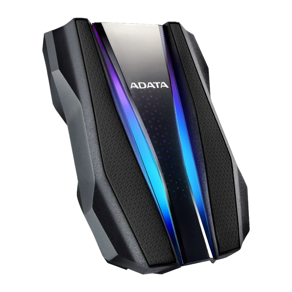 ADATA HD770G 2TB noir, vue avant en angle: éclairage RGB bleu-violet et logo ADATA sur coque texturée robuste - Ítem1