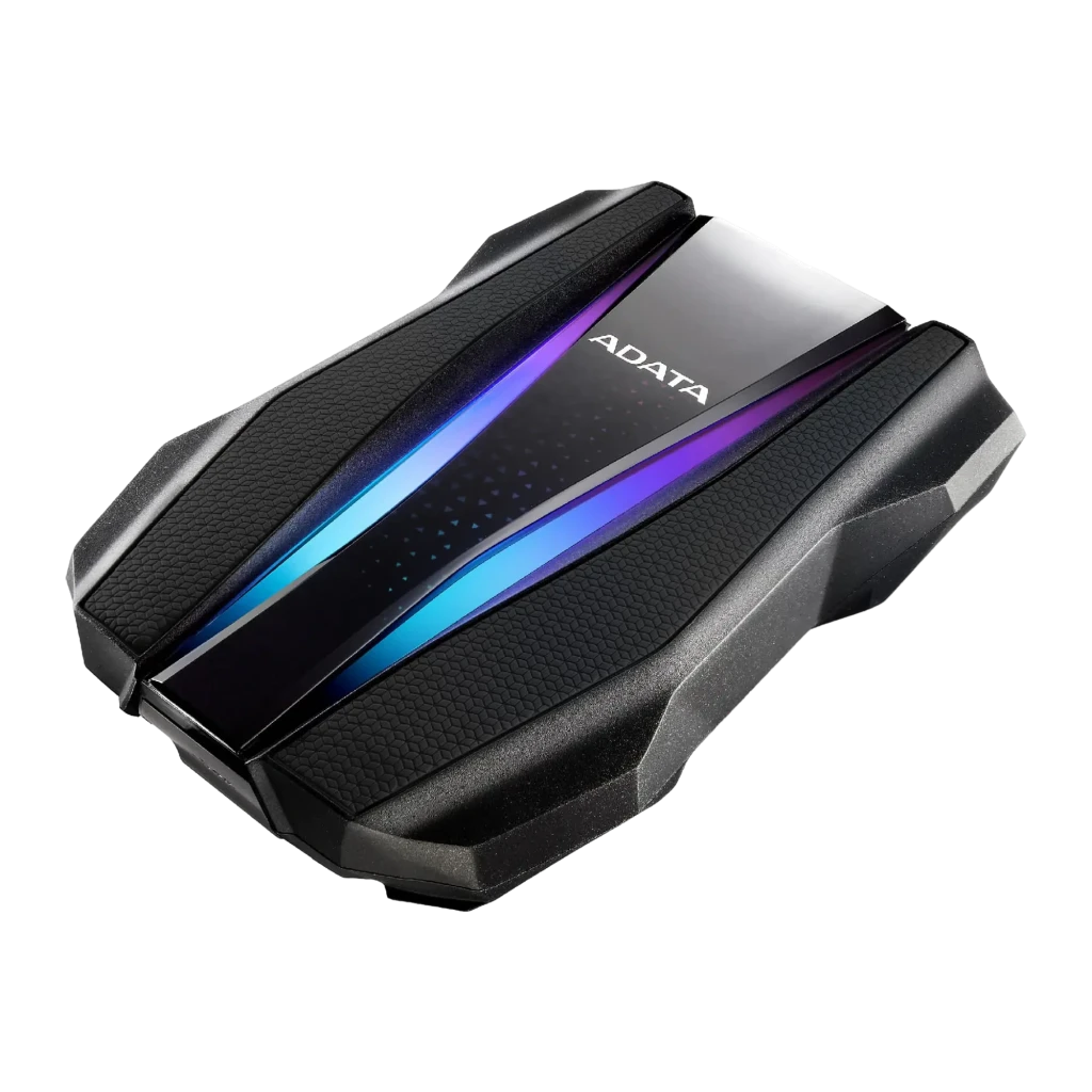 ADATA HD770G 2TB noir, vue avant en angle: éclairage RGB bleu-violet et logo ADATA sur coque texturée robuste - Ítem2