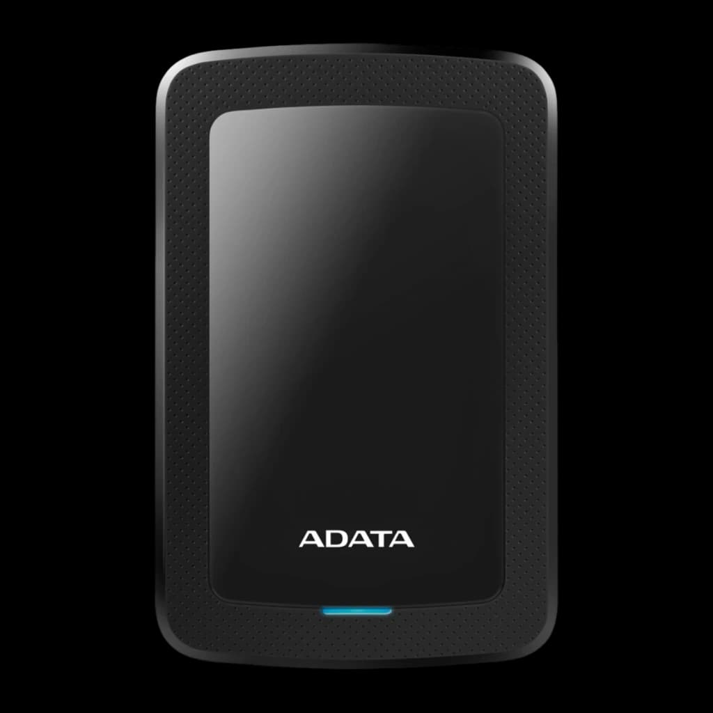 ADATA HV300 1TB preto, vista frontal: superfície lisa central, moldura texturizada e indicador LED azul inferior