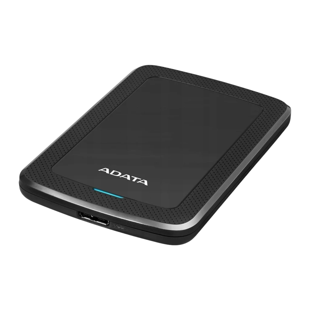 ADATA HV300 1TB preto, vista frontal: superfície lisa central, moldura texturizada e indicador LED azul inferior - Item1