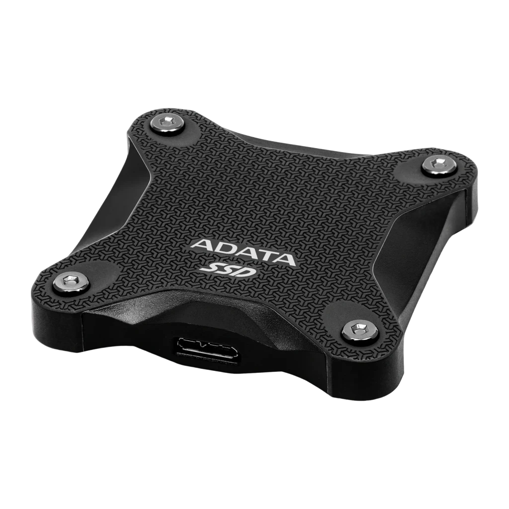 ADATA SD620 512GB noir, vue de face: surface à texture géométrique, logo ADATA SSD et quatre vis aux coins - Ítem1