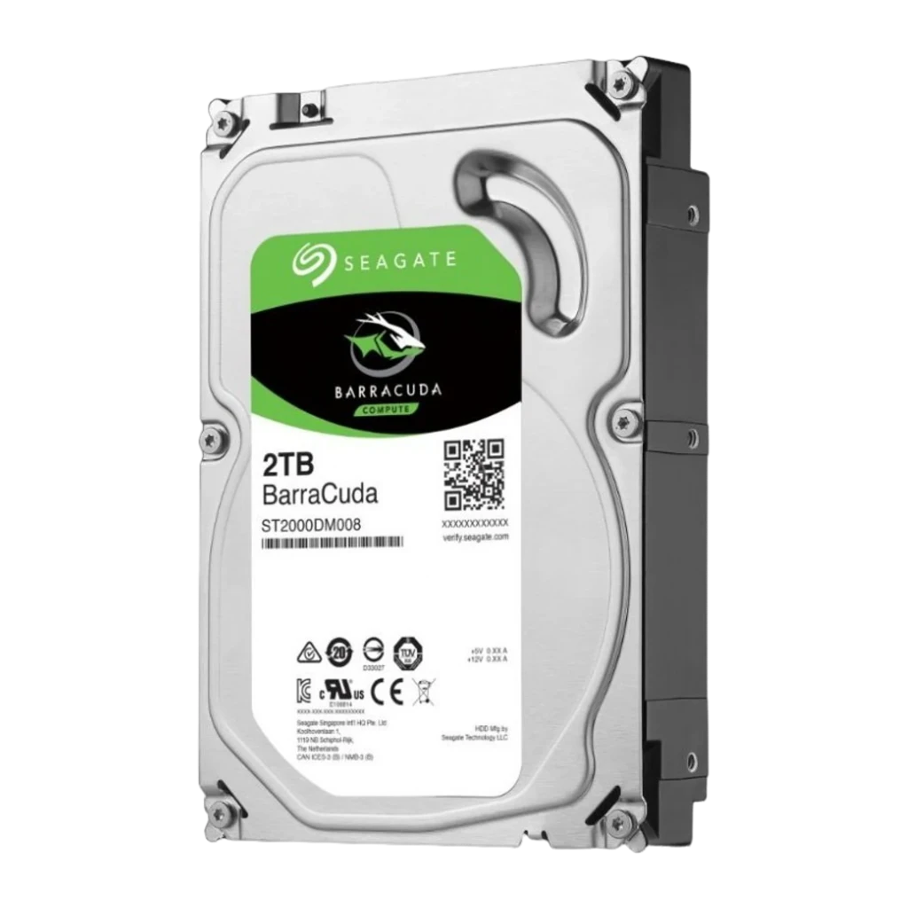 Seagate BarraCuda ST2000DM008 2TB, vista frontal: etiqueta verde y negra con logo Barracuda y texto 2TB Hard Drive - Ítem1