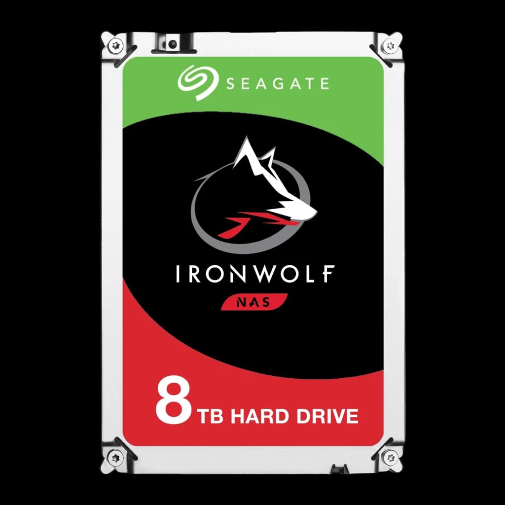 Seagate IronWolf ST8000VN0022 8TB, vista frontal: etiqueta com logo lobo, texto NAS e 8TB Hard Drive