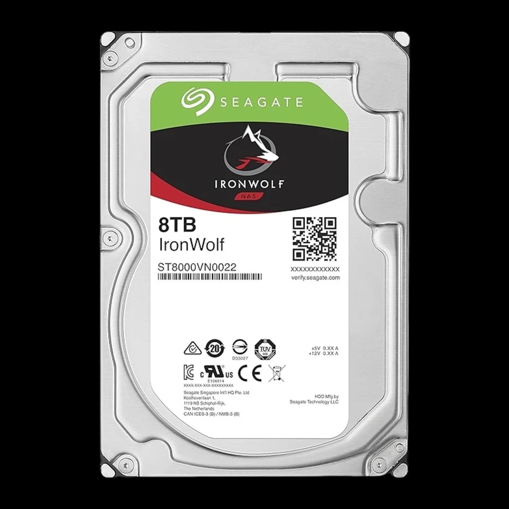 Seagate IronWolf ST8000VN0022 8TB, vista frontal: etiqueta com número de modelo, código QR e certificações