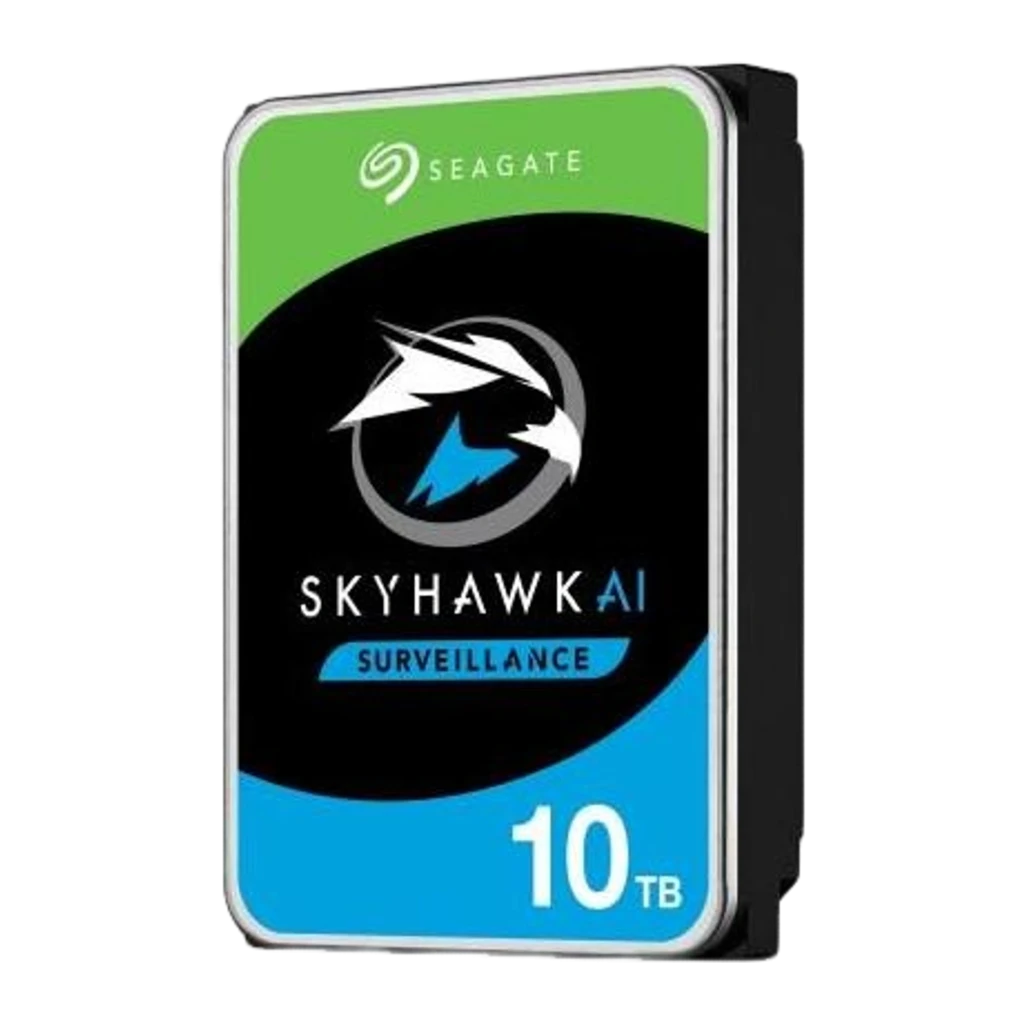 Seagate SkyHawk AI ST10000VE001 10TB, vista frontal: etiqueta con logo, modelo ST10000VE001 y certificaciones visibles - Ítem1