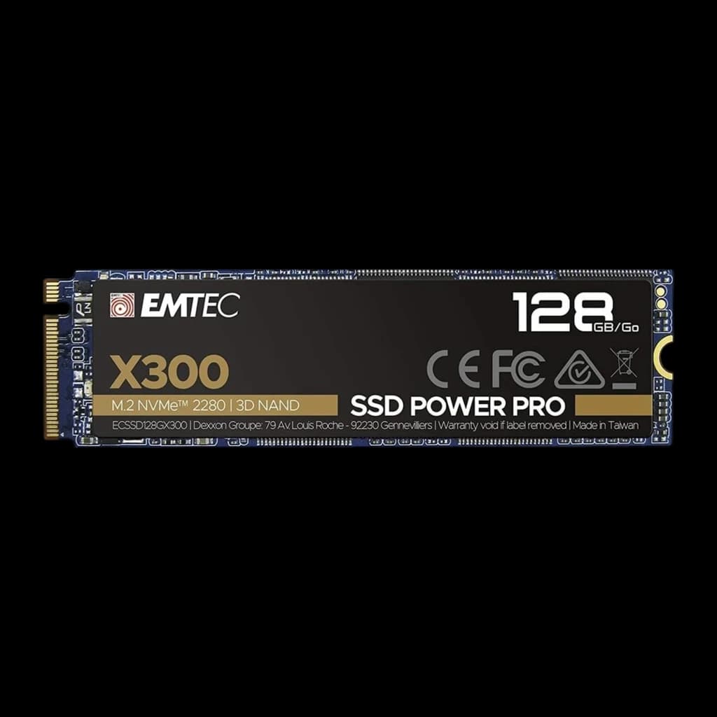 Emtec Power Pro SSD X300 128GB M.2, vista frontal: etiqueta preta e dourada com logo, conector M.2 e especificações visíveis