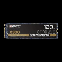 Emtec Power Pro SSD X300 128GB M.2, vista frontal: etiqueta preta e dourada com logo, conector M.2 e especificações visíveis