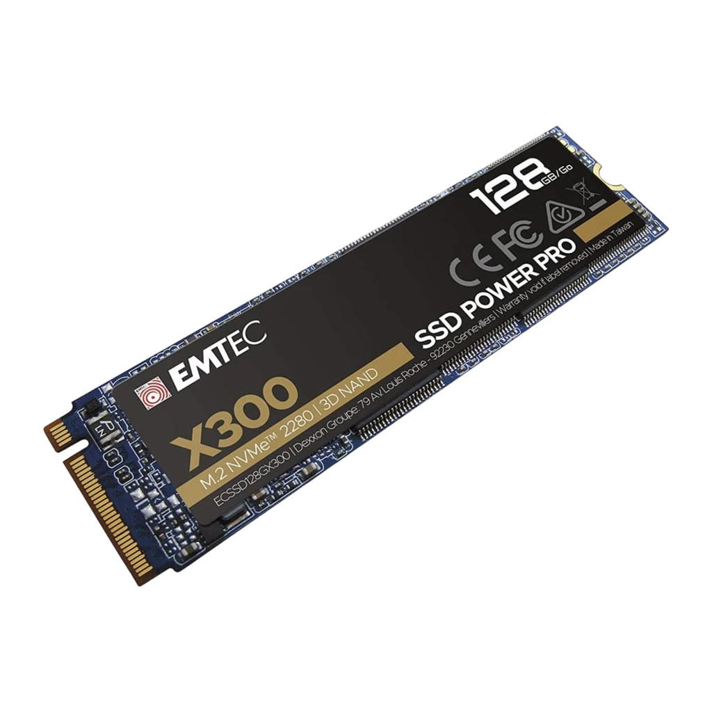 Emtec Power Pro SSD X300 128GB M.2, vue de face: étiquette noire et dorée avec logo, connecteur M.2 et spécifications - Ítem1
