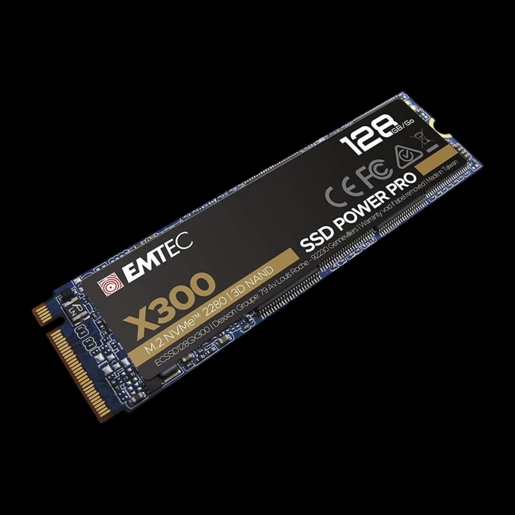 Emtec Power Pro SSD X300 128GB M.2, vista em perspectiva: ângulo diagonal mostrando espessura, PCB azul e conector dourado