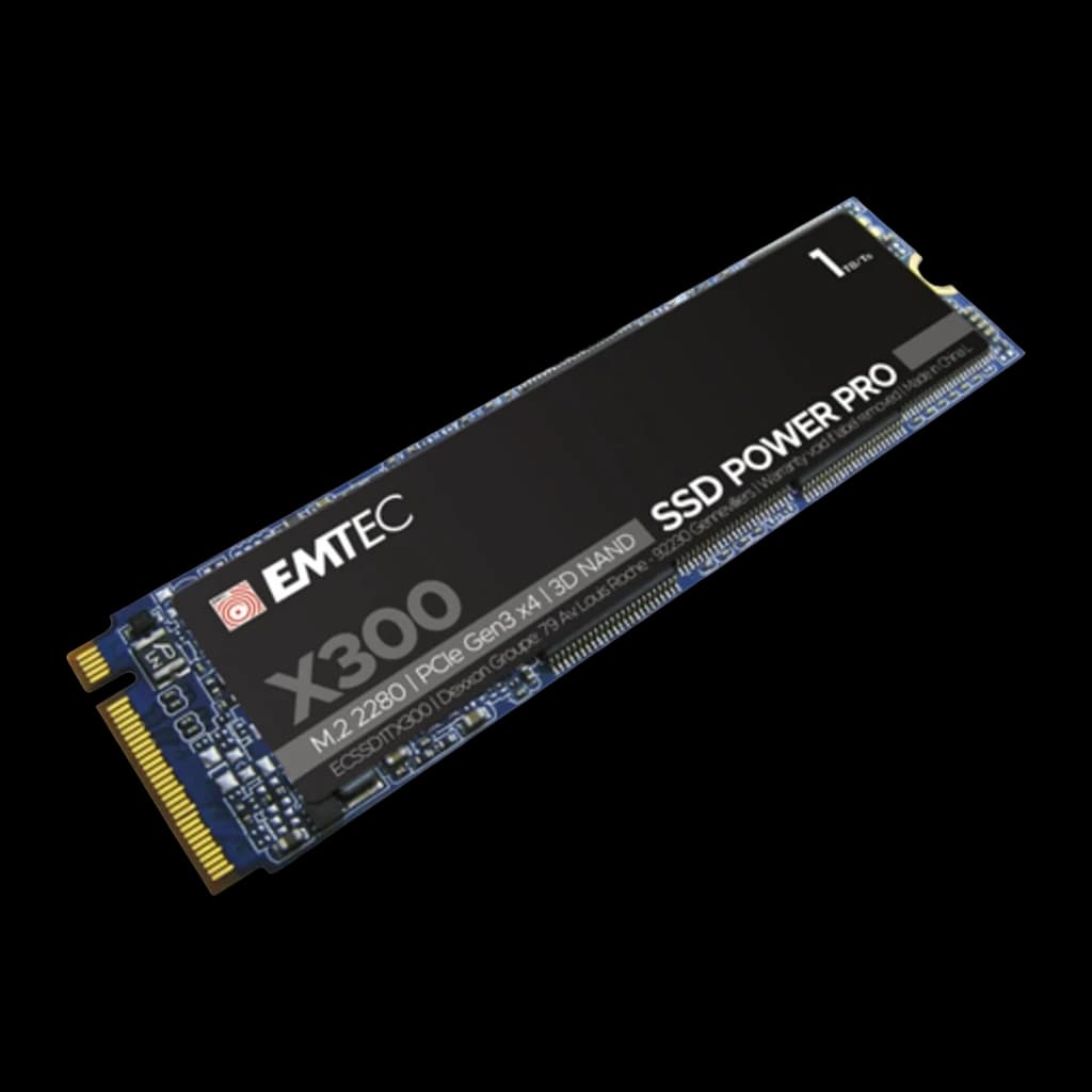 EMTEC X300 Power Pro SSD 1TB, vista diagonal: etiqueta negra con logo, conector M.2 dorado y PCB azul visibles