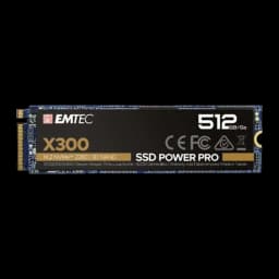 Emtec Power Pro SSD X300 512GB, vista frontal: etiqueta preta e dourada com logo, conector M.2 e chips visíveis