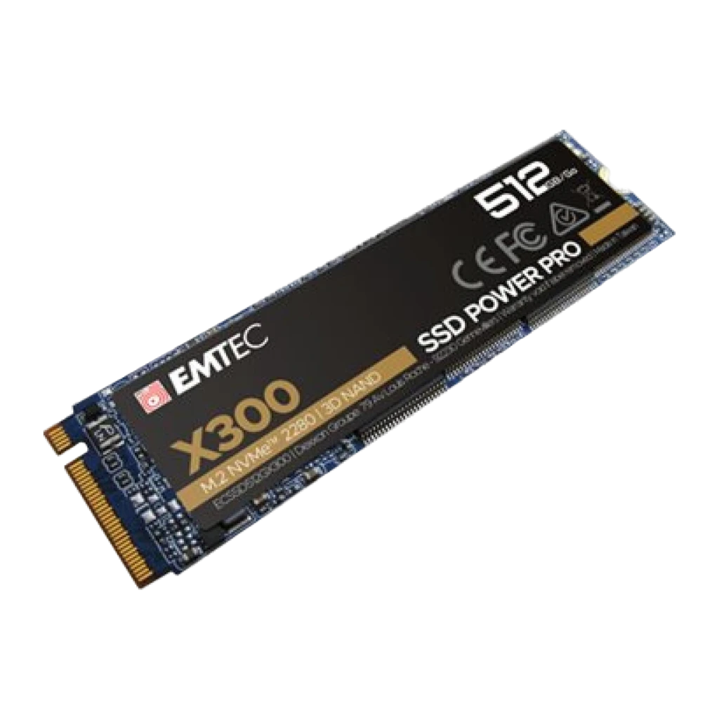 Emtec Power Pro SSD X300 512GB, vista frontal: etiqueta preta e dourada com logo, conector M.2 e chips visíveis - Item1