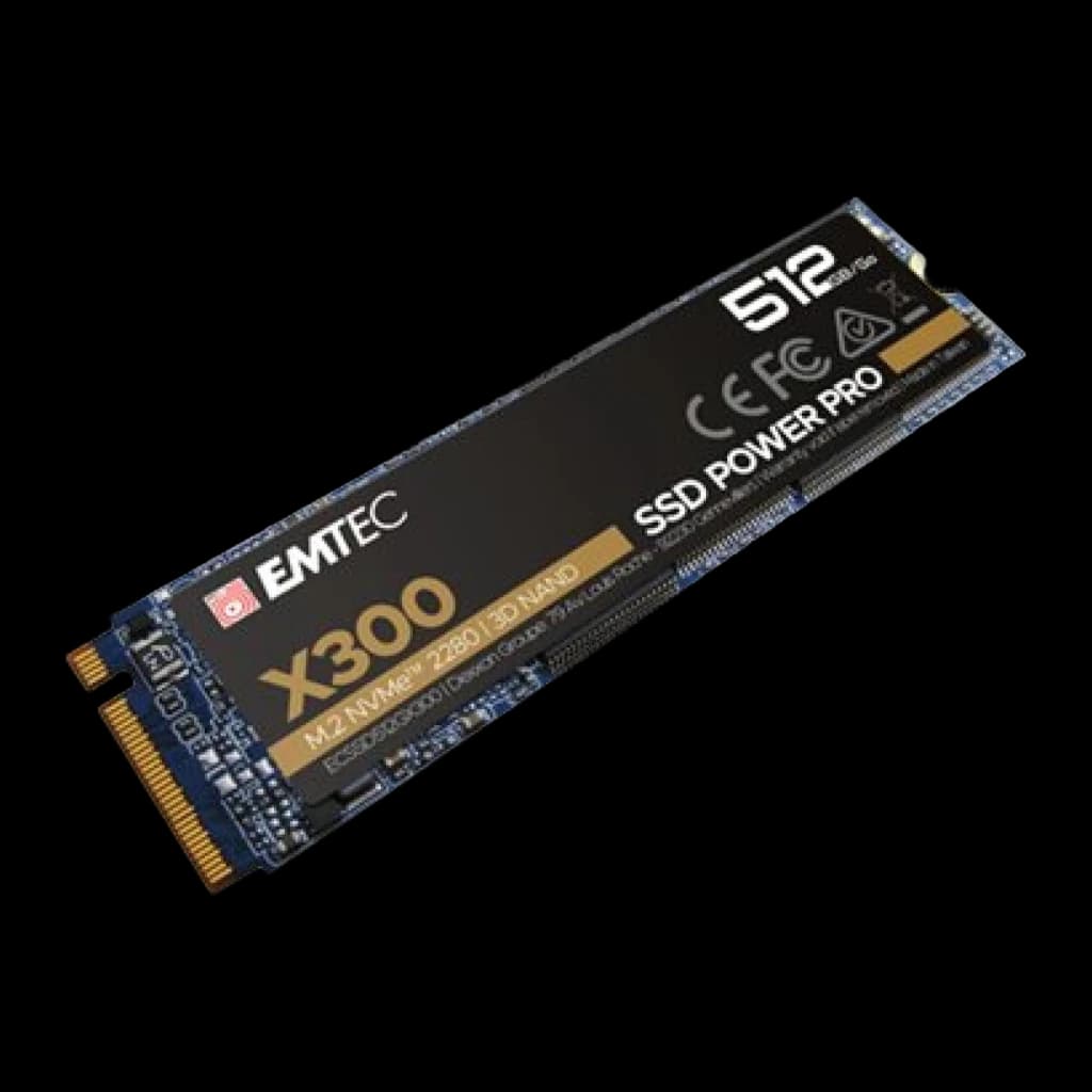 Emtec Power Pro SSD X300 512GB, vista em perspectiva: ângulo diagonal mostrando espessura, etiqueta e conector dourado