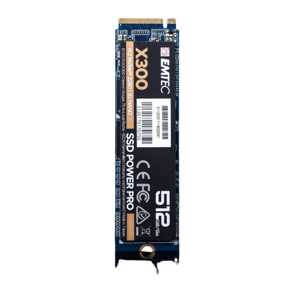 Emtec Power Pro SSD X300 512GB, vista frontal: etiqueta preta e dourada com logo, conector M.2 e chips visíveis - Item2