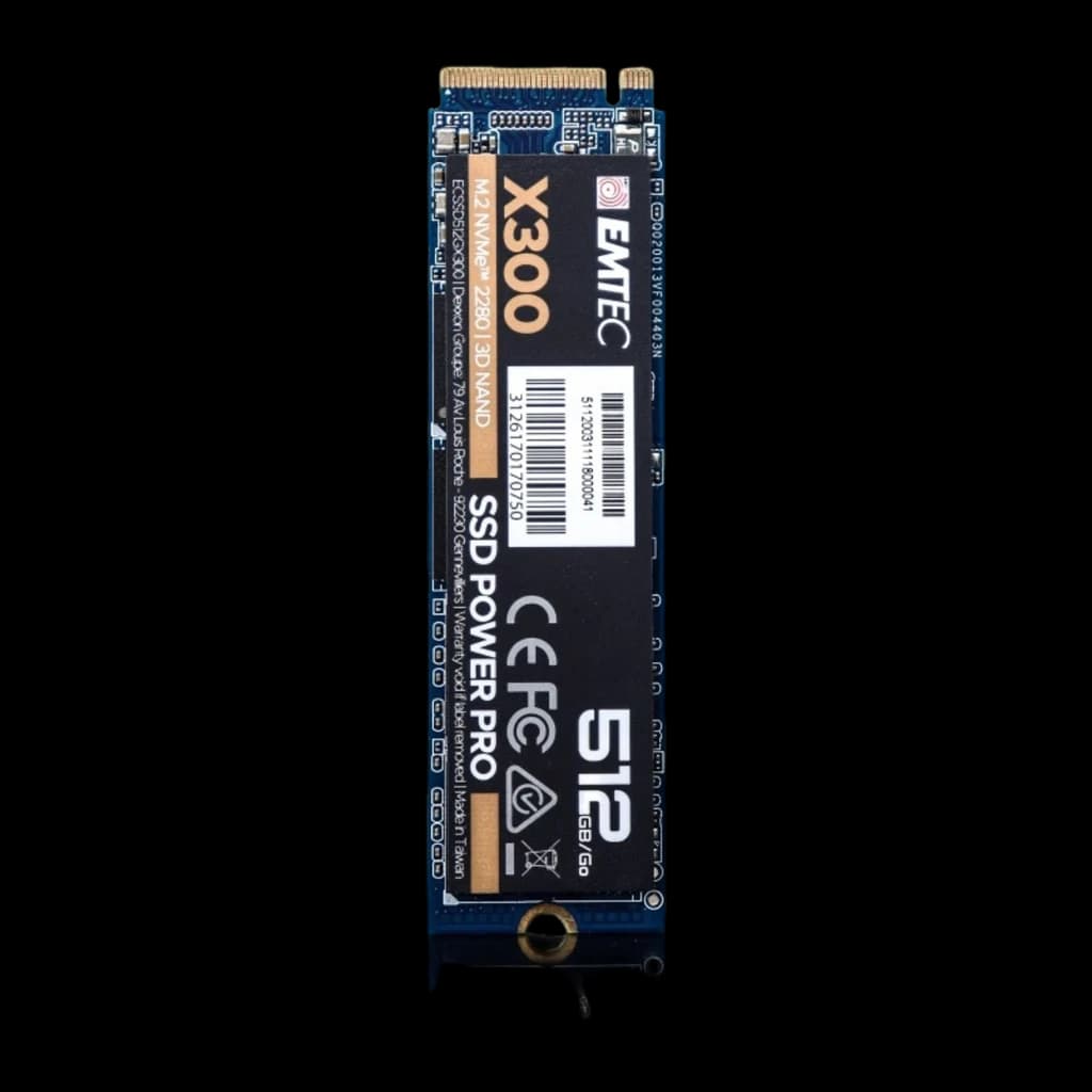 Emtec Power Pro SSD X300 512GB, vista vertical: verso com código de barras, PCB azul e conectores superiores visíveis