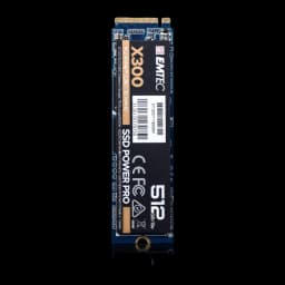 Emtec Power Pro SSD X300 512GB, vista vertical: verso com código de barras, PCB azul e conectores superiores visíveis