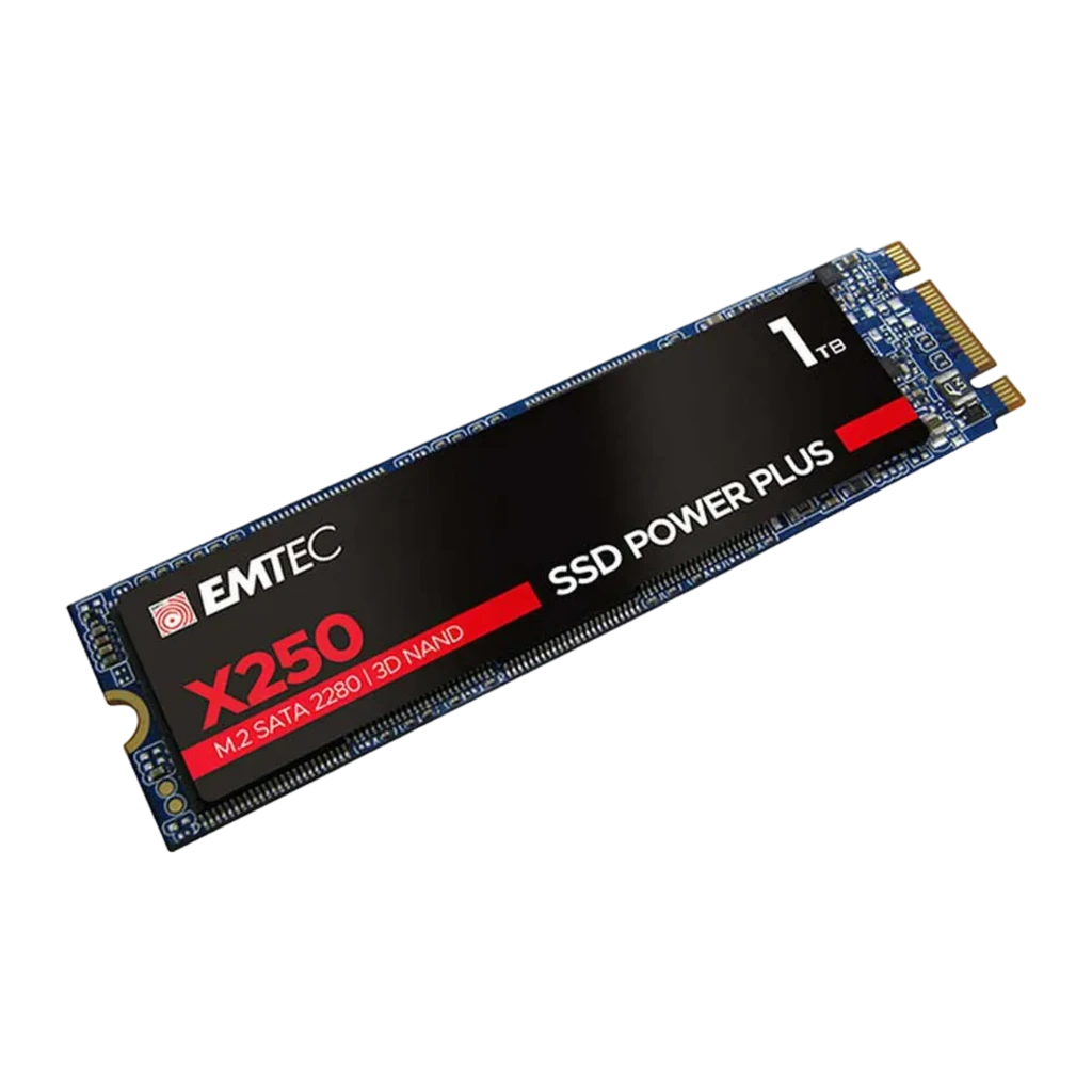 Emtec X250 1TB SSD M.2, vista diagonal superior: etiqueta preta com logo, faixa vermelha e PCB azul visível - Item1