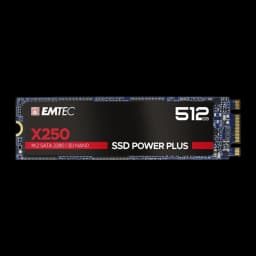 Emtec Power Plus X250 M.2 512GB, vista frontal horizontal: etiqueta preta com logo, modelo X250 e capacidade 512GB visíveis