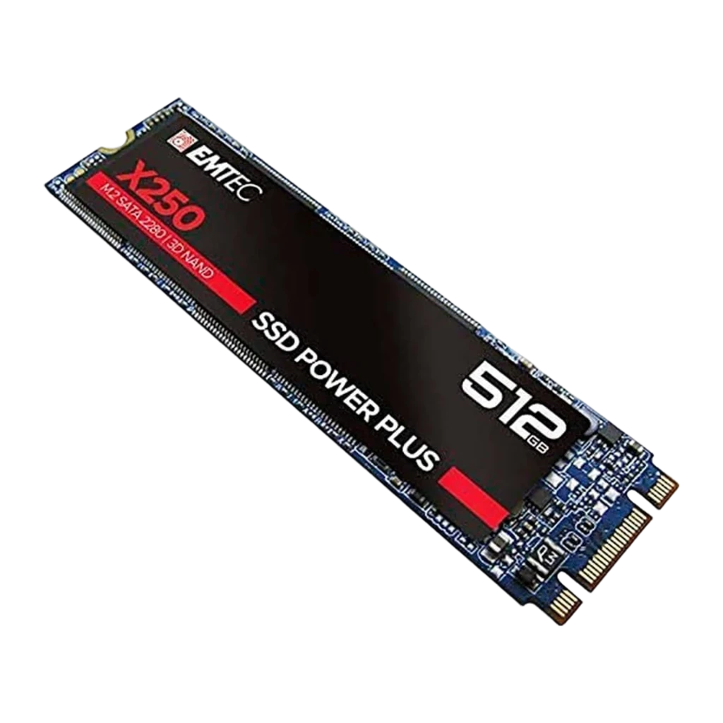 Emtec Power Plus X250 M.2 512GB, vista frontal horizontal: etiqueta preta com logo, modelo X250 e capacidade 512GB visíveis - Item1