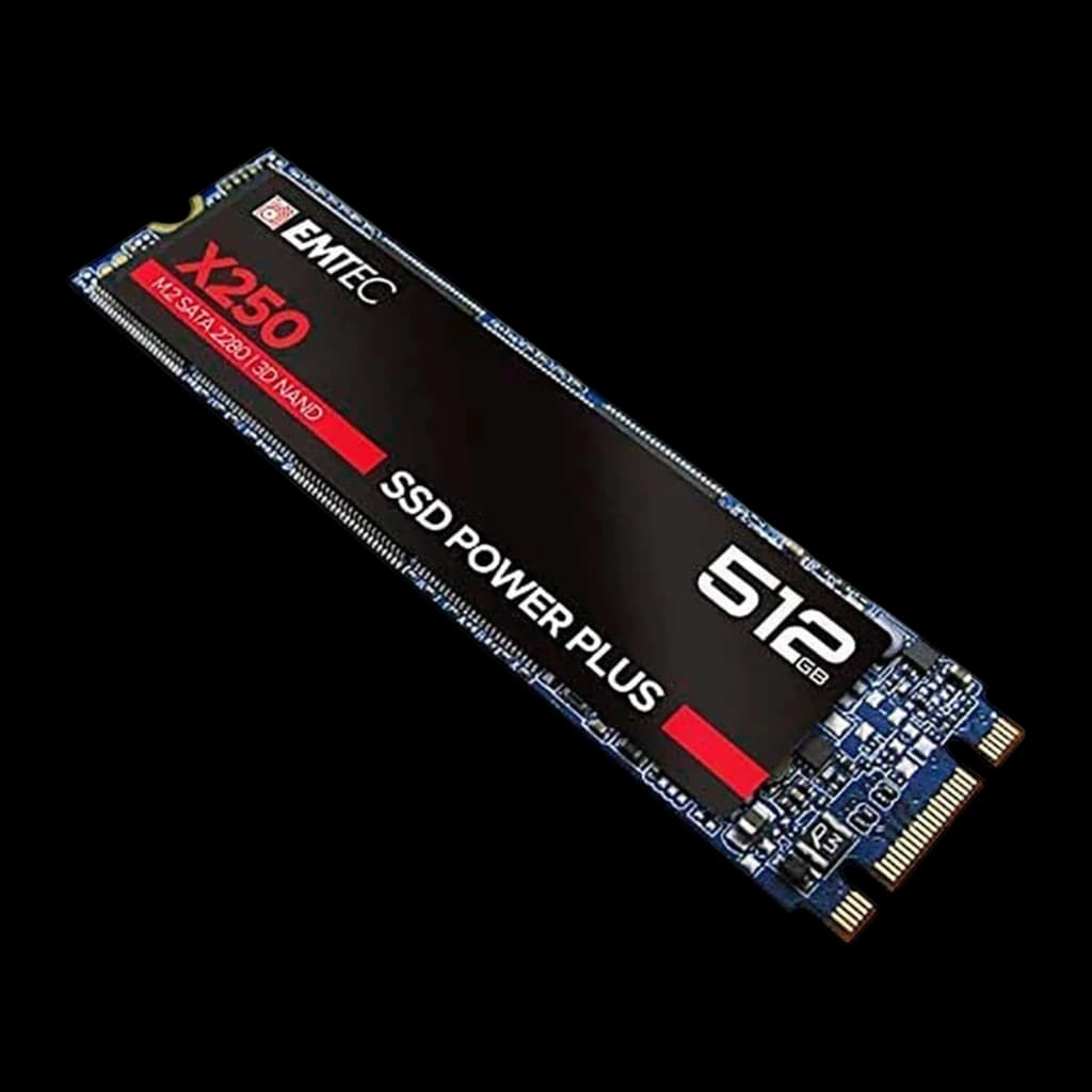 Emtec Power Plus X250 M.2 512GB, vista em perspectiva diagonal: face superior com etiqueta preta, conector M.2 e PCB azul