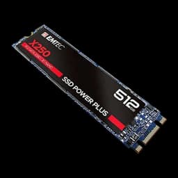 Emtec Power Plus X250 M.2 512GB, vista em perspectiva diagonal: face superior com etiqueta preta, conector M.2 e PCB azul