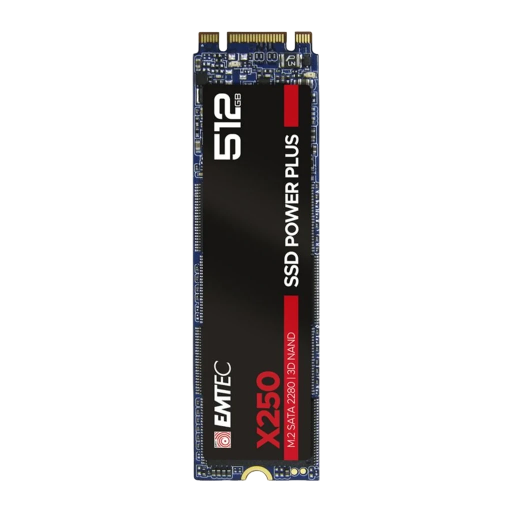 Emtec Power Plus X250 M.2 512GB, vista frontal horizontal: etiqueta preta com logo, modelo X250 e capacidade 512GB visíveis - Item2
