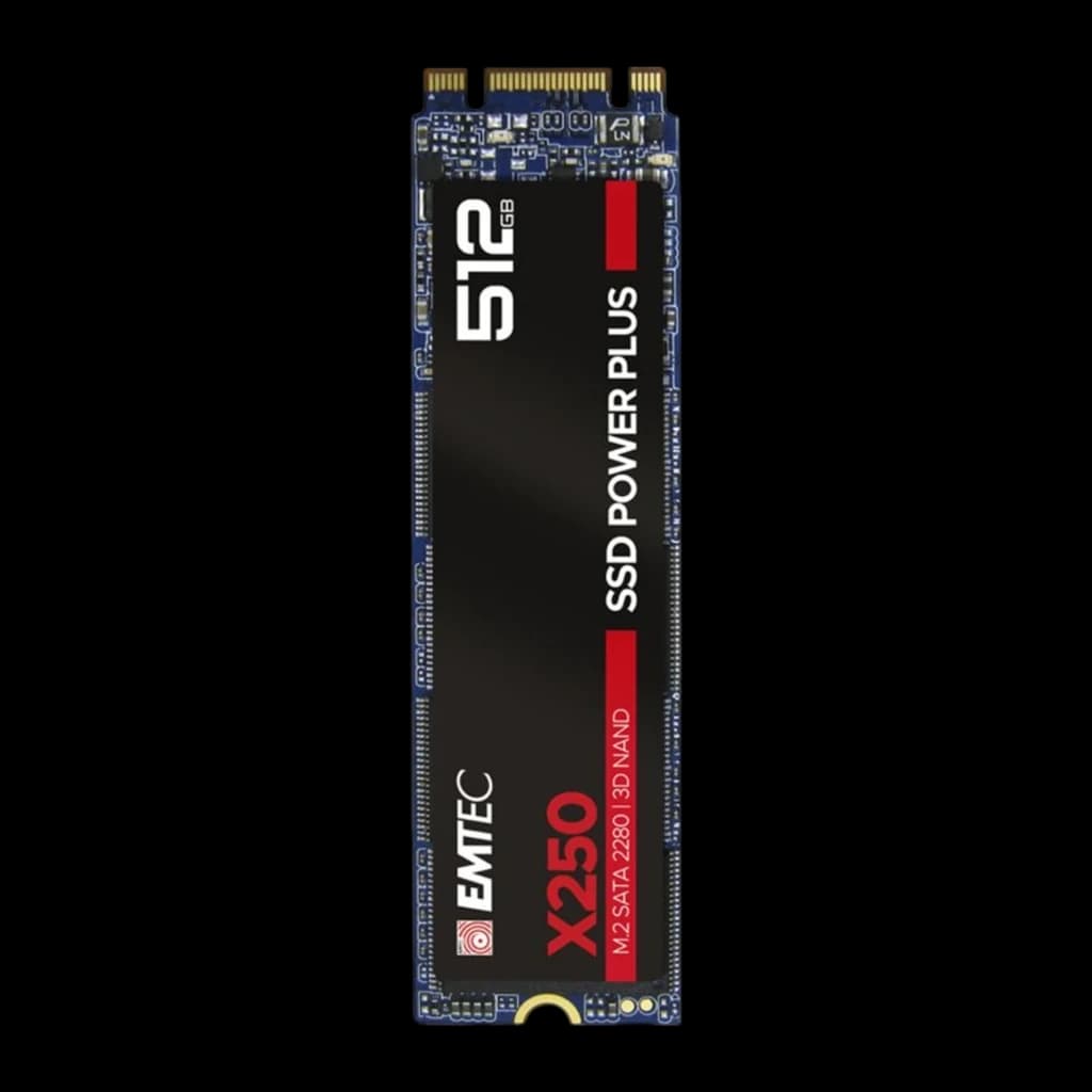 Emtec Power Plus X250 M.2 512GB, vista frontal vertical: etiqueta preta girada 90°, logo EMTEC e X250 na parte inferior