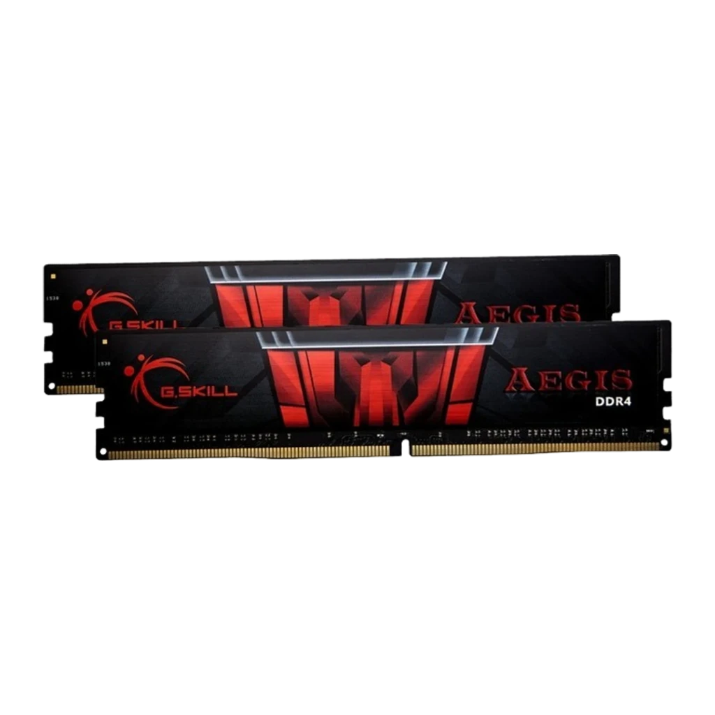 G.Skill Aegis DDR4 16GB noir, vue latérale: module DIMM unique en angle, étiquette rouge Aegis et contacts dorés visibles - Ítem1