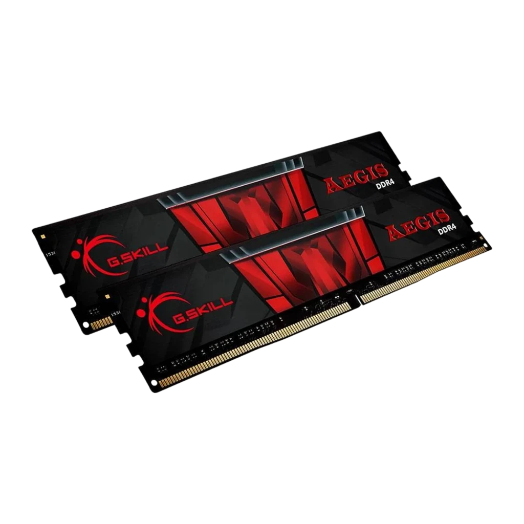 G.Skill Aegis DDR4 16GB noir, vue latérale: module DIMM unique en angle, étiquette rouge Aegis et contacts dorés visibles - Ítem2
