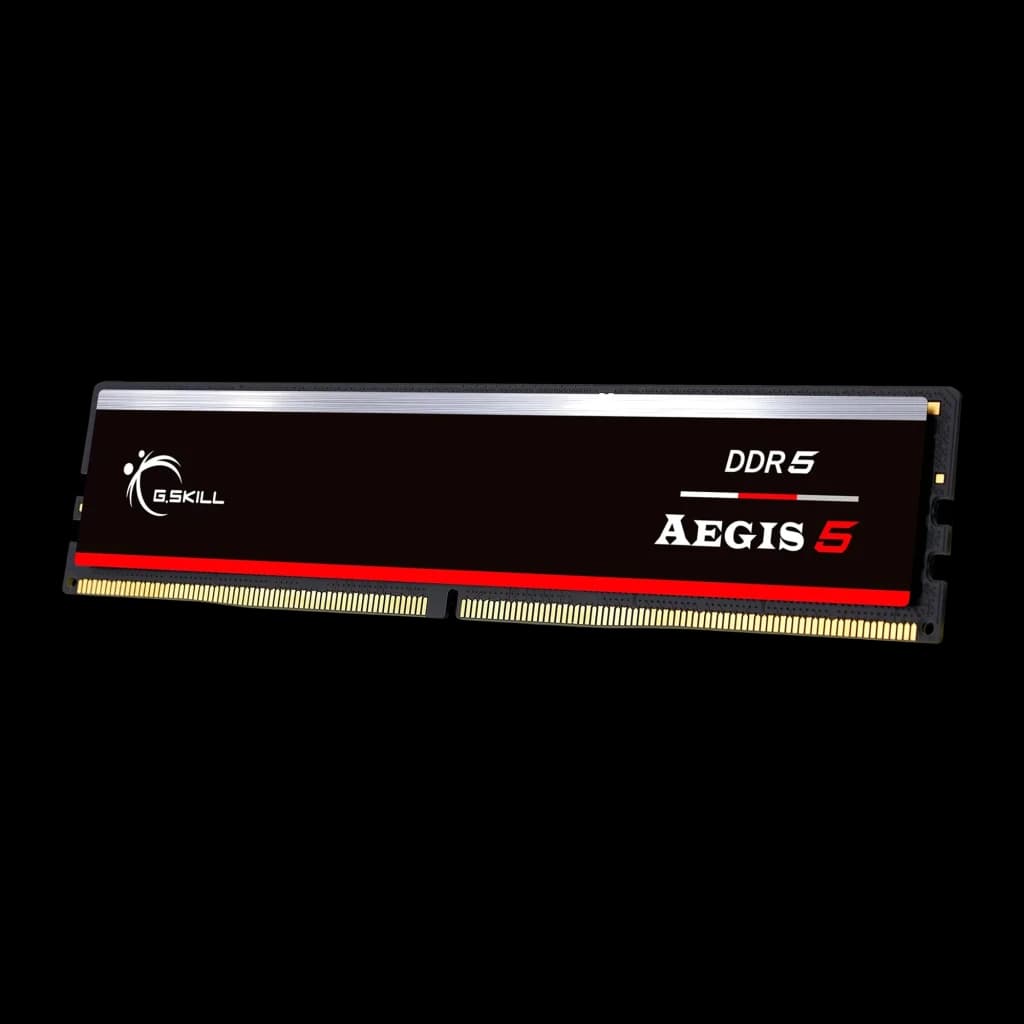 G.Skill Aegis 5 DDR5 16GB 5200 CL40 preto, vista frontal em ângulo: dissipador preto com faixa vermelha e logo DDR5 Aegis 5
